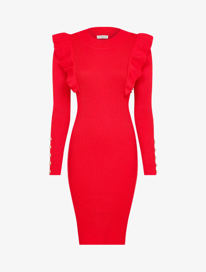 Robe côtelée à épaules volantées - Rouge - 1