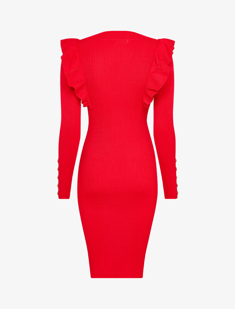 Robe côtelée à épaules volantées - Rouge - 2