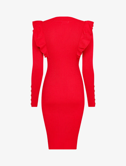 Robe côtelée à épaules volantées - Rouge - 2