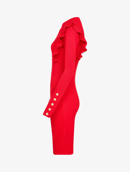 Robe côtelée à épaules volantées - Rouge - 3