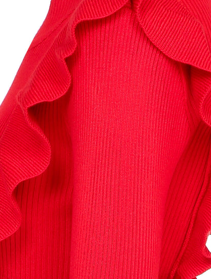 Robe côtelée à épaules volantées - Rouge - 4