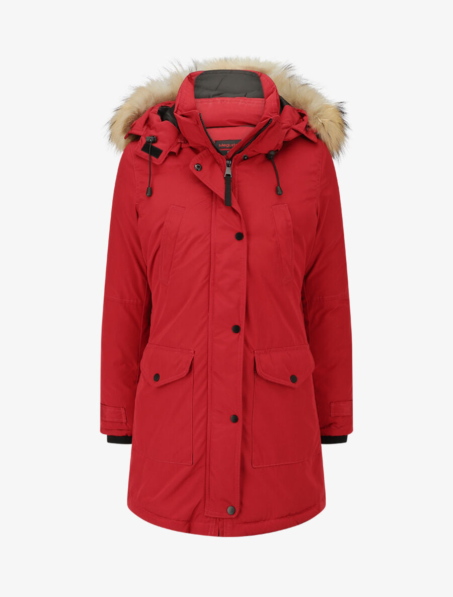 Parka uni capuche à fourrure synthétique - Rouge - 4