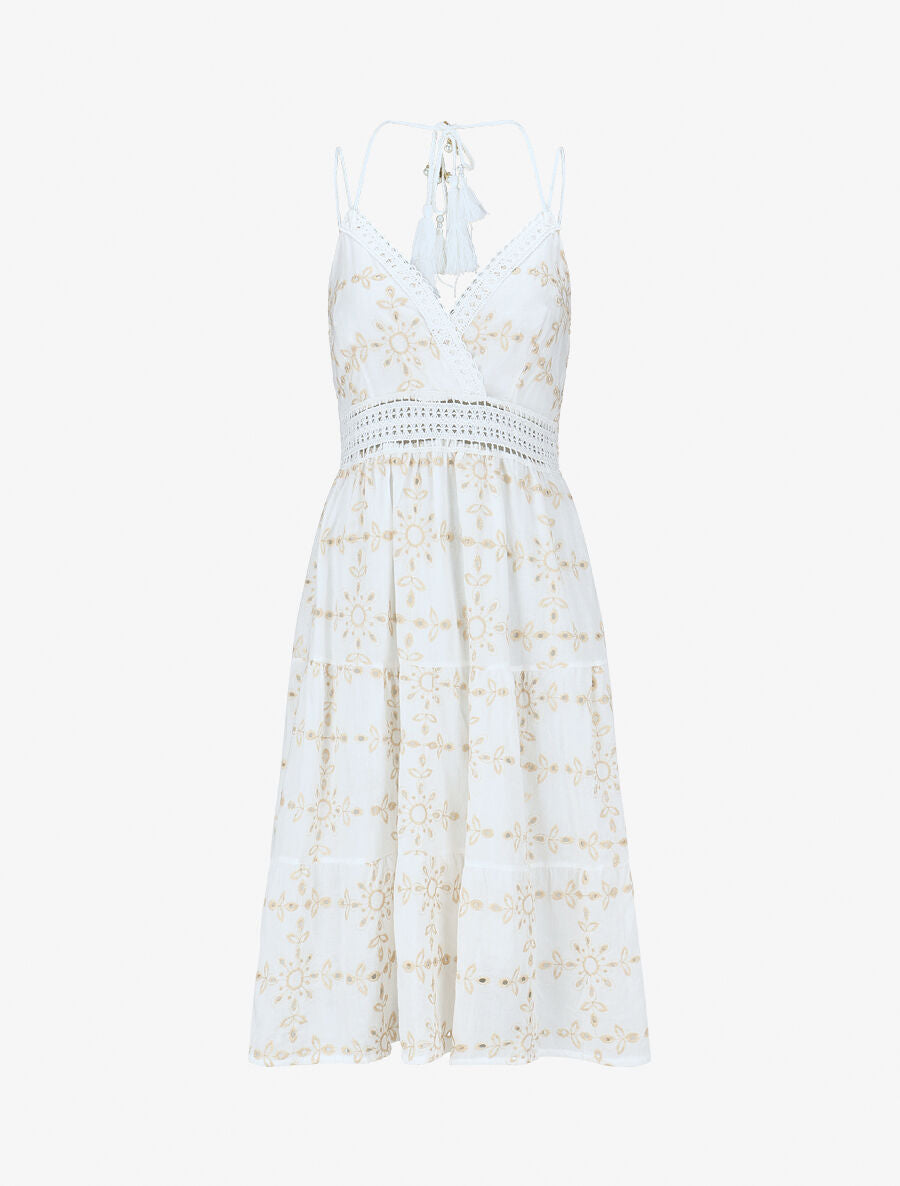 Robe avec broderies et pampilles ornées de perles et strass - Crème - 4