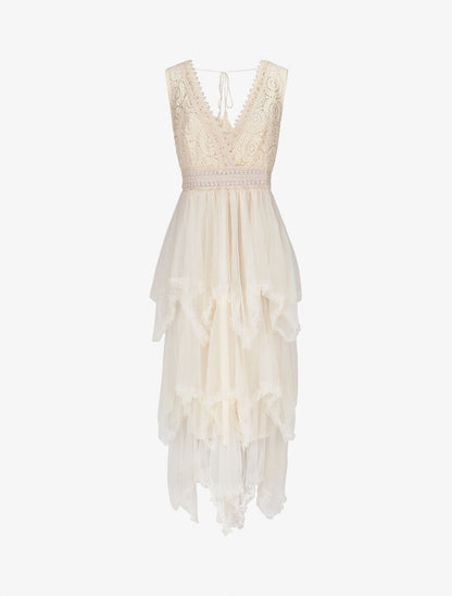 Robe longue à froufrous - Beige - 1