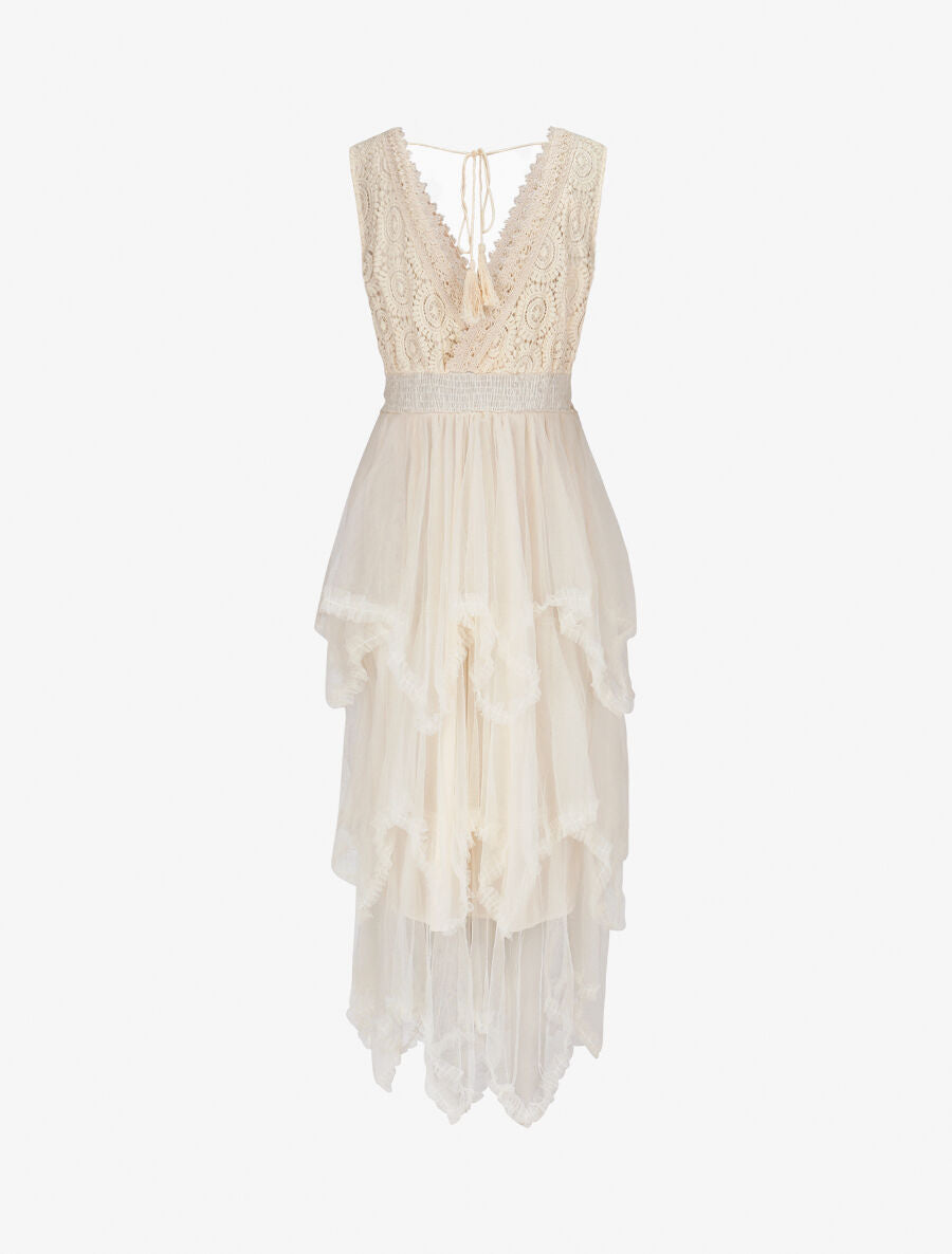 Robe longue à froufrous - Beige - 2