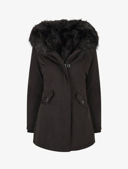 Parka uni à fourrure synthétique uni - Noir - 1