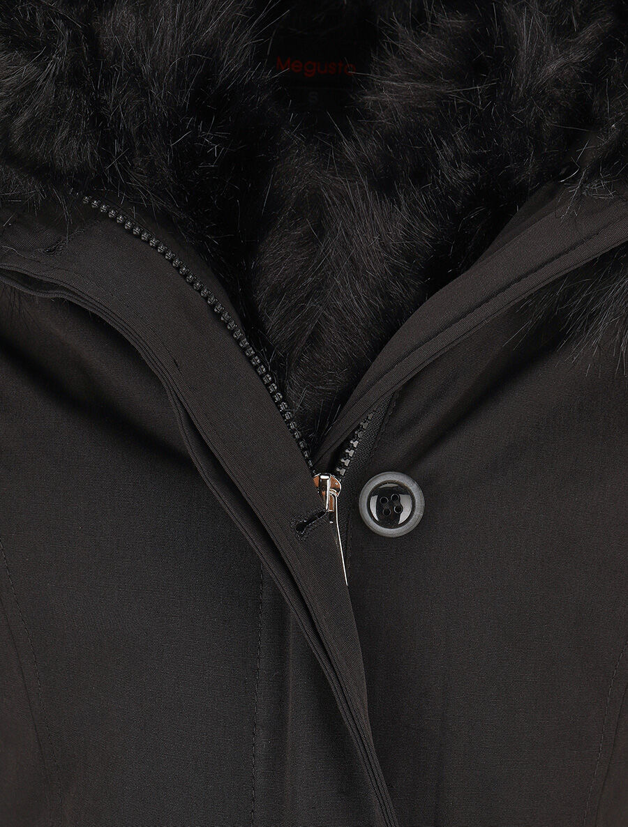 Parka uni à fourrure synthétique uni - Noir - 3