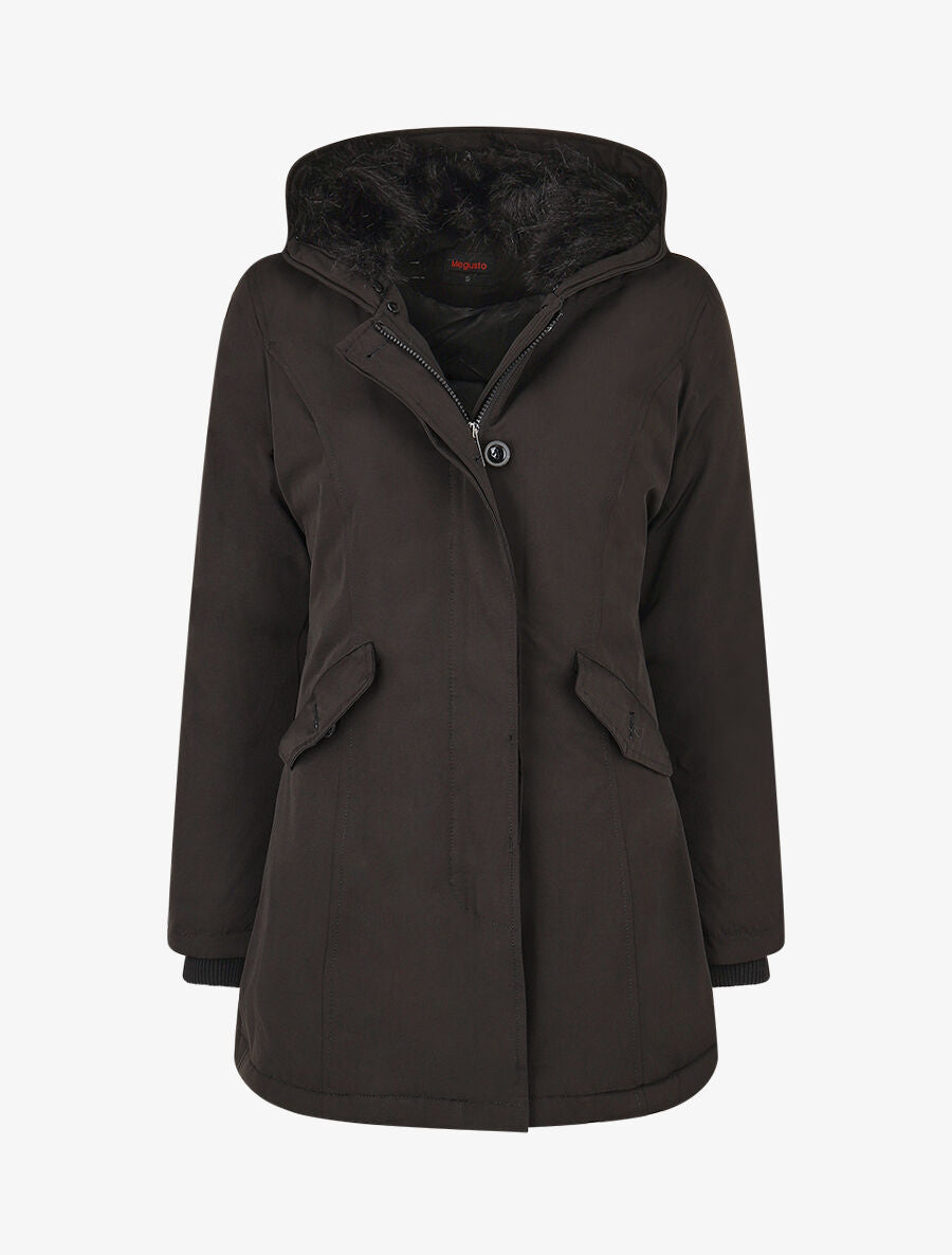 Parka uni à fourrure synthétique uni - Noir - 4