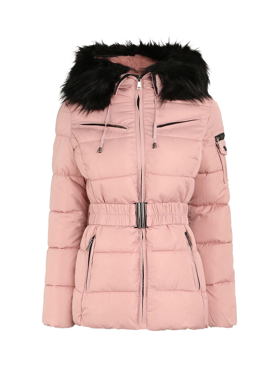 Doudoune à poches zippées et capuche à détail fausse fourrure - Rose poudré - 4