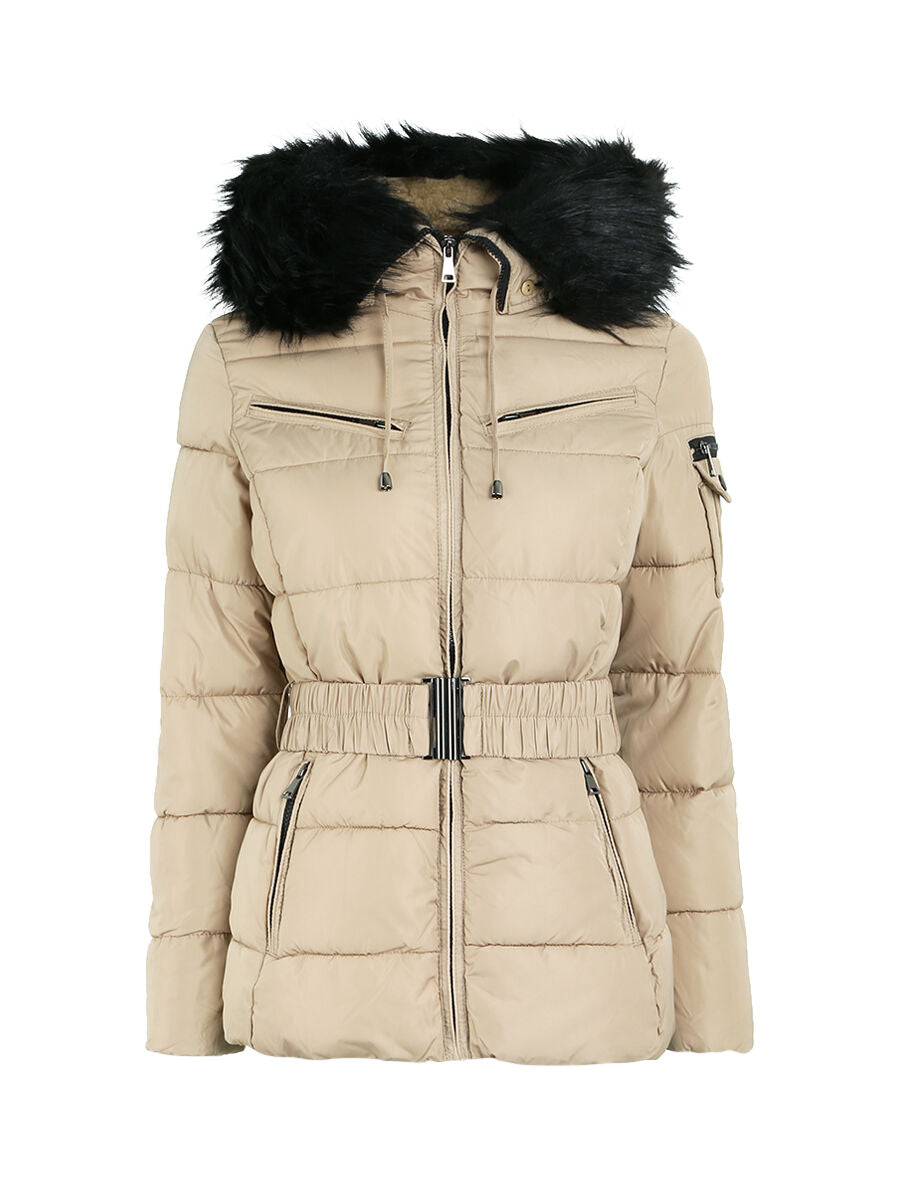 Doudoune à poches zippées et capuche à détail fausse fourrure - Beige - 1