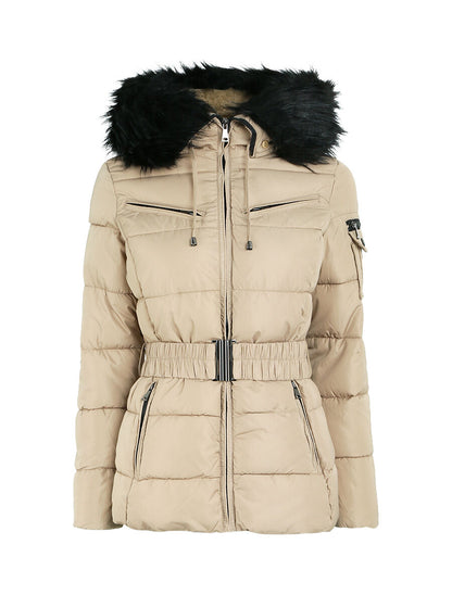Doudoune à poches zippées et capuche à détail fausse fourrure - Beige - 1