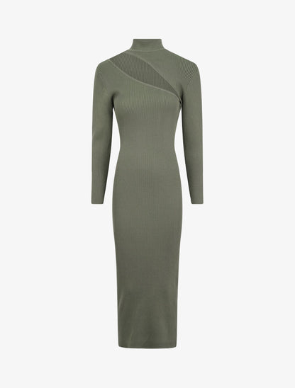 Robe pull côtelée et moulante à décolleté asymétrique - Kaki - 1