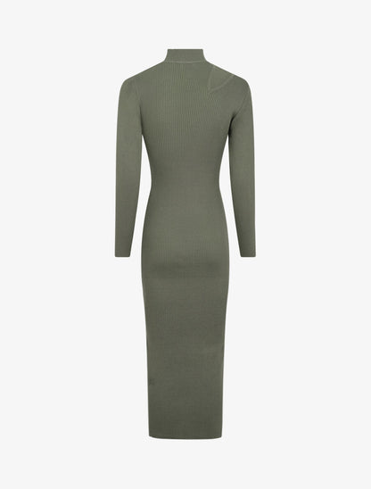 Robe pull côtelée et moulante à décolleté asymétrique - Kaki - 2