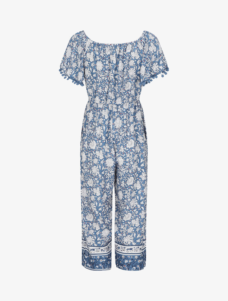 Combinaison imprimé floral stylisé à manches à pompons - Bleu - 2