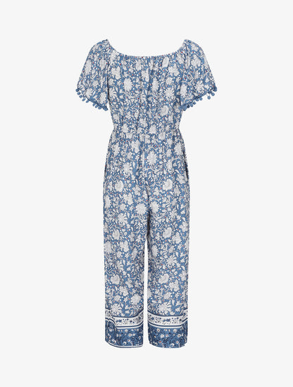 Combinaison imprimé floral stylisé à manches à pompons - Bleu - 2