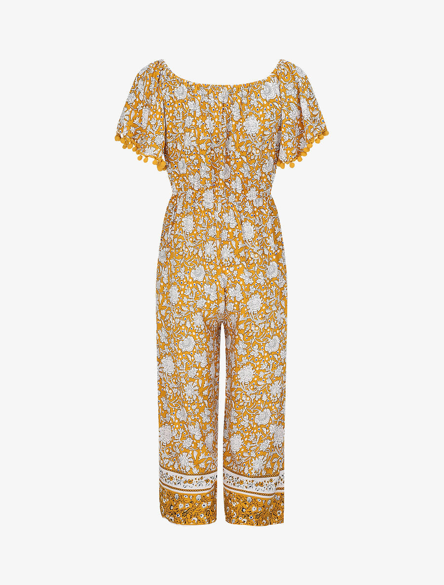 Combinaison imprimé floral stylisé à manches à pompons - Moutarde - 2