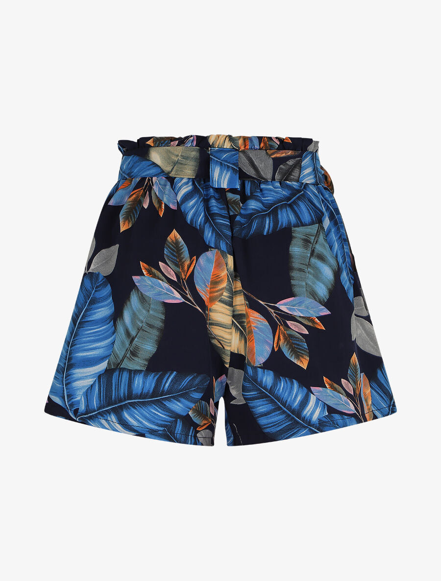 Short à taille froncée imprimé feuilles tropicales - Marine - 2