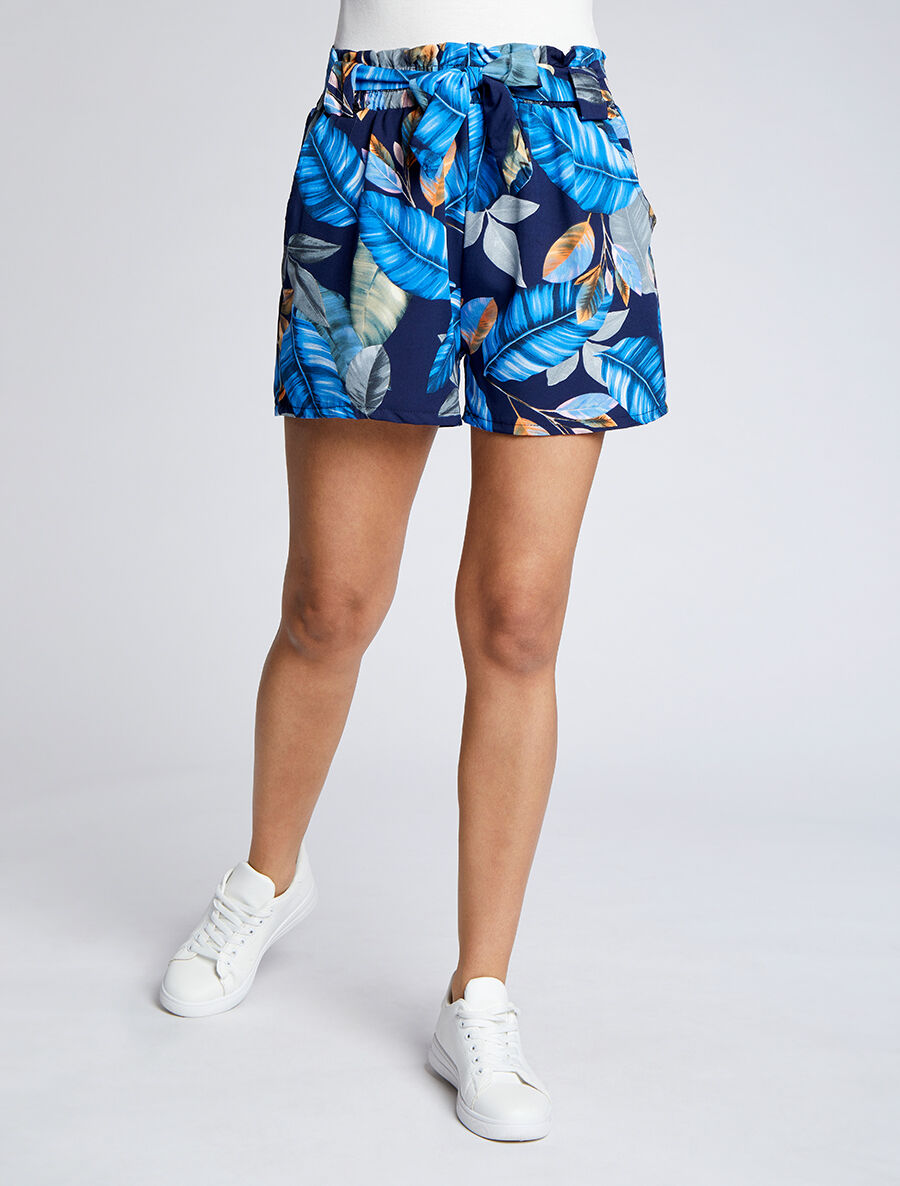 Short à taille froncée imprimé feuilles tropicales - Marine - 4