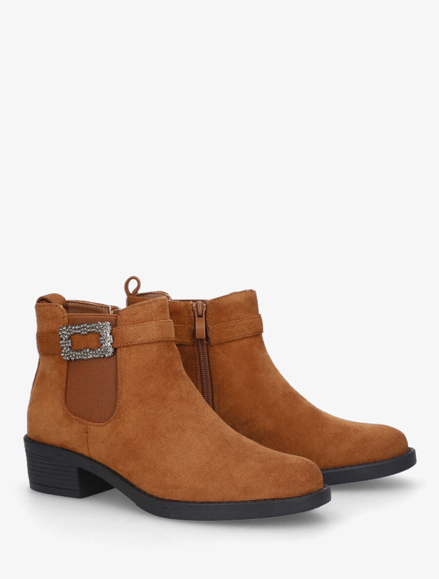 Bottines élastiquées à boucle strassé - Camel - 4