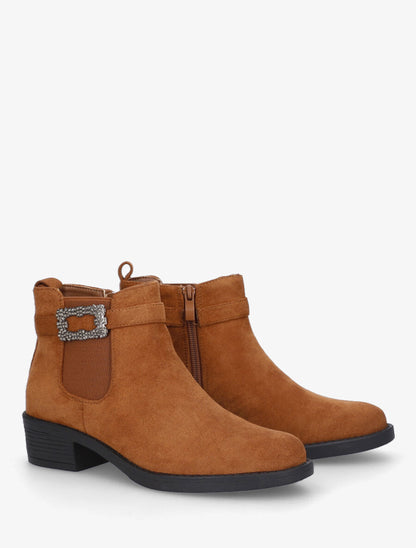 Bottines élastiquées à boucle strassé - Camel - 4