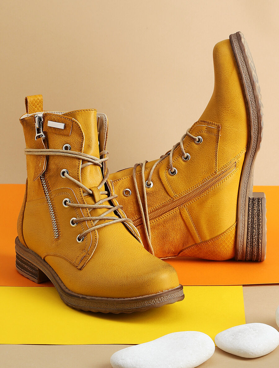 Bottines bi-matière à contrefort python - Jaune moutarde - 1