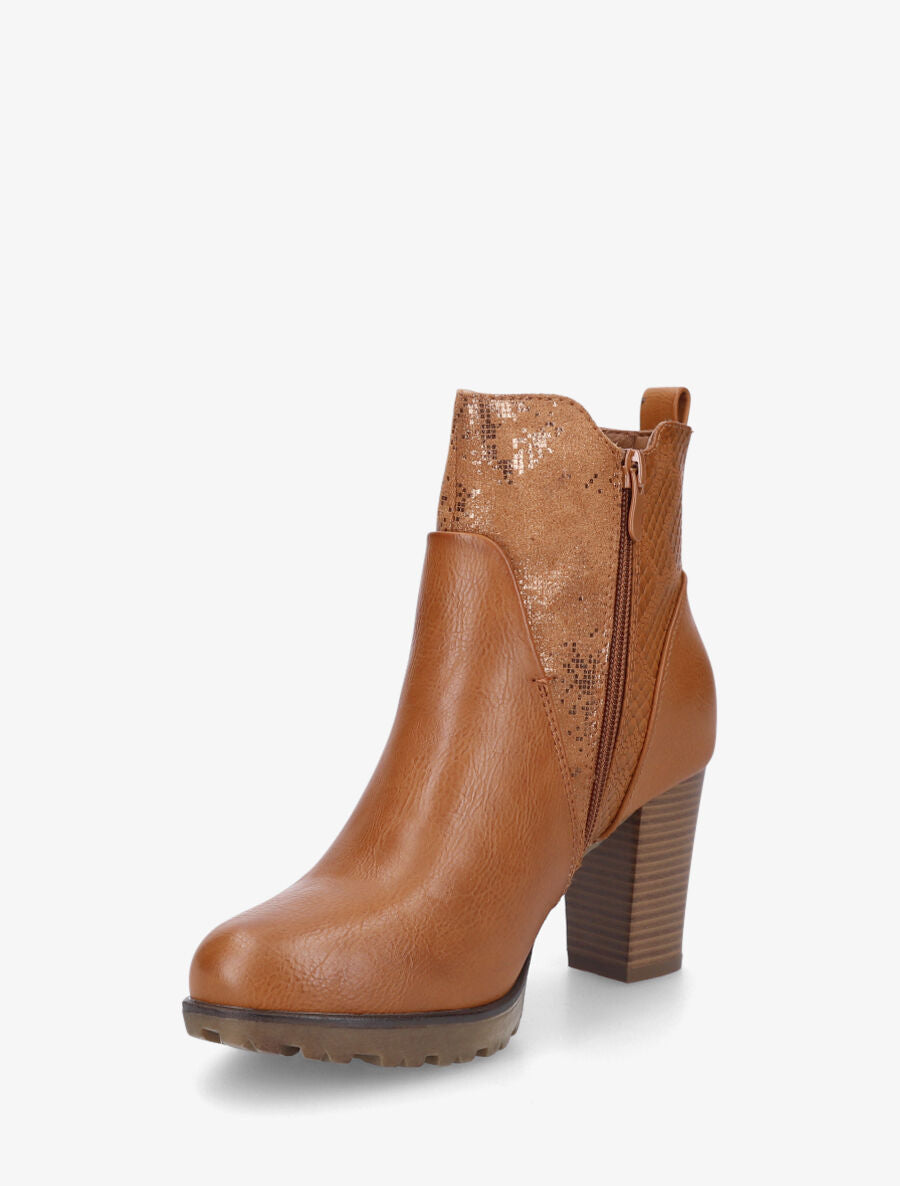 Bottines à talon et multi textures - Camel - 3