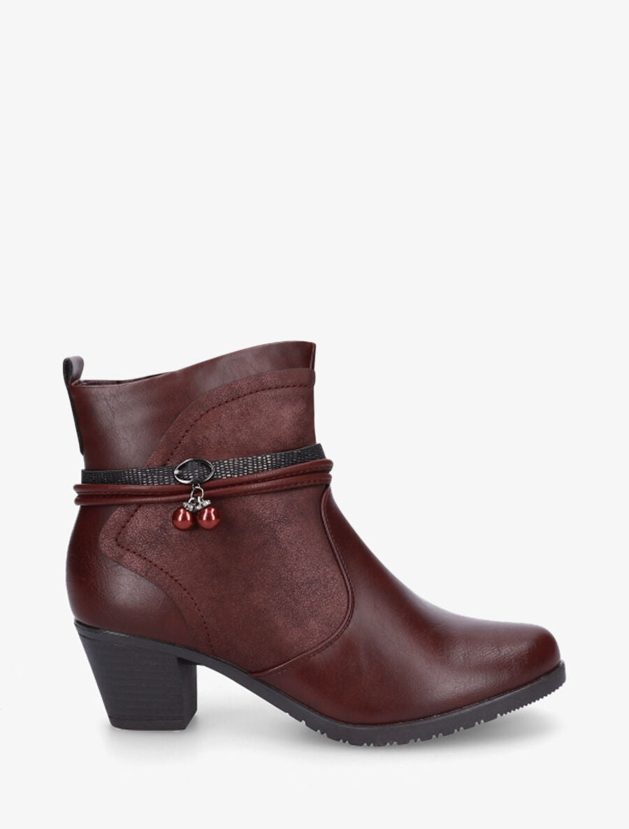 Bottines en simili à sangle ornées de perles et strass - Bordeaux - 1