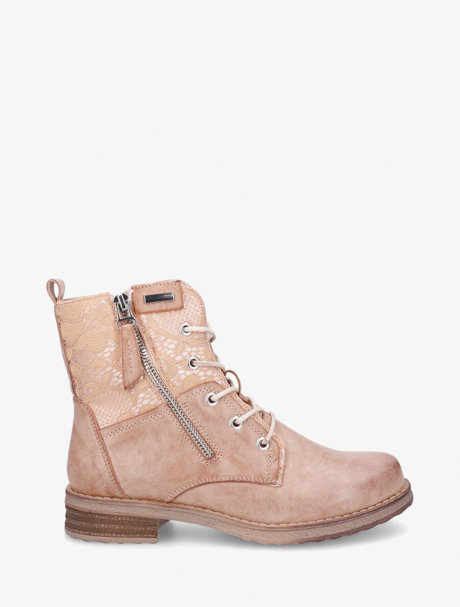 Bottines à lacets et dentelle - Camel - 1