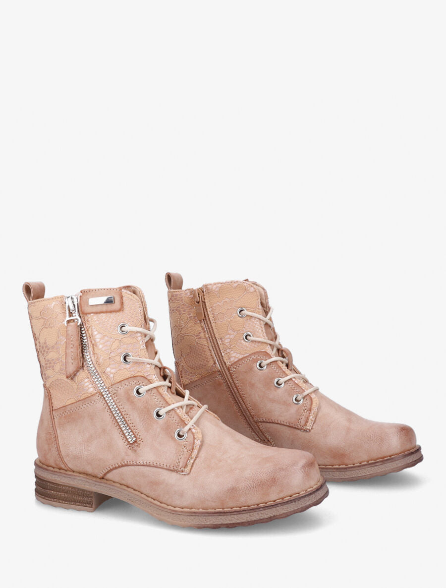 Bottines à lacets et dentelle - Camel - 4