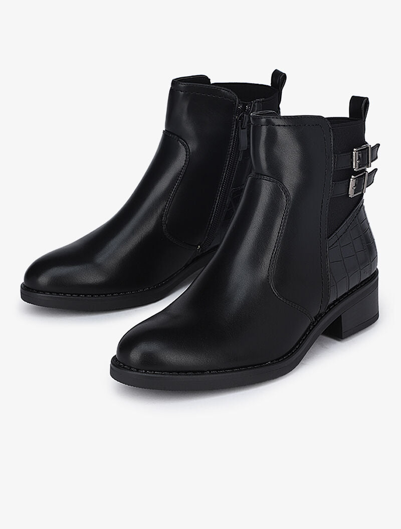 Bottines à sangles et imprimé croco - Noir - 4