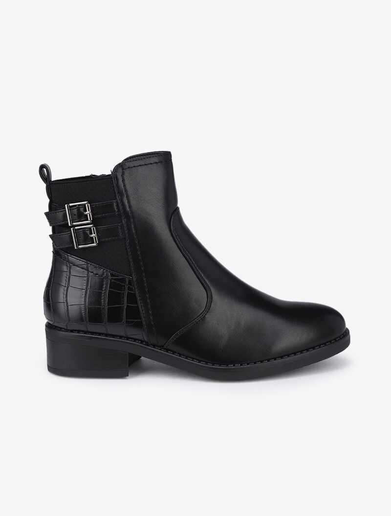 Bottines à sangles et imprimé croco - Noir - 1