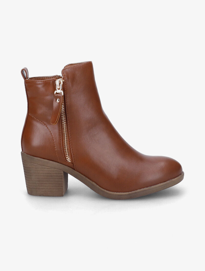 Bottines à talon à zip doré stylisé - Camel - 2