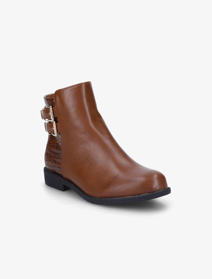 Bottines plates en simili et effet croco - Camel - 3