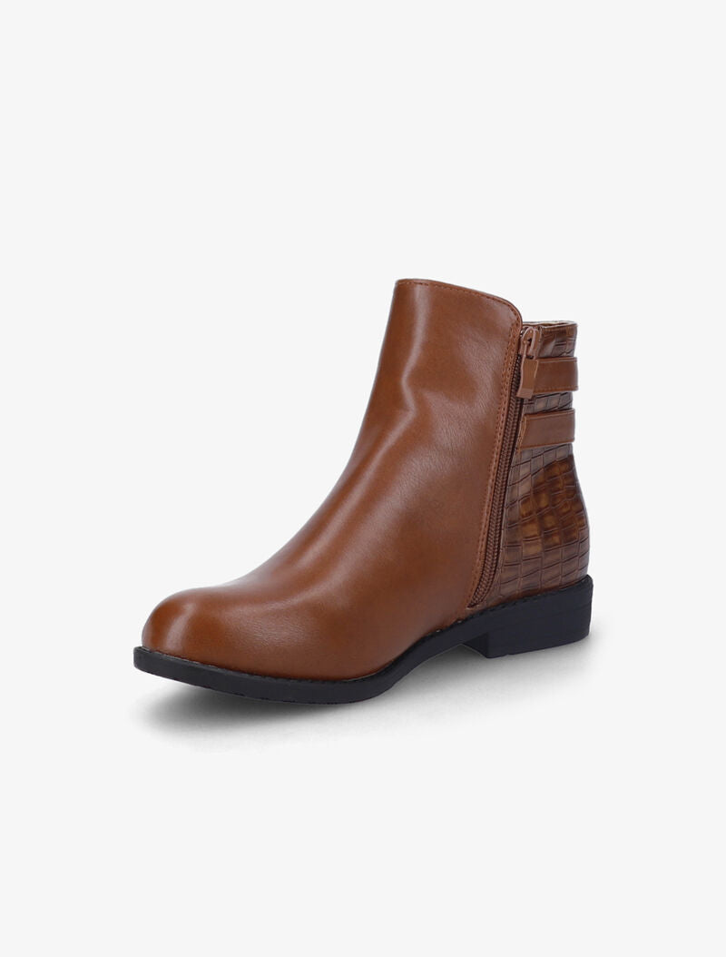 Bottines plates en simili et effet croco - Camel - 4