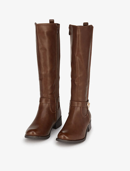 Bottes cavalières élastiquées à détail cadenas - Marron - 4