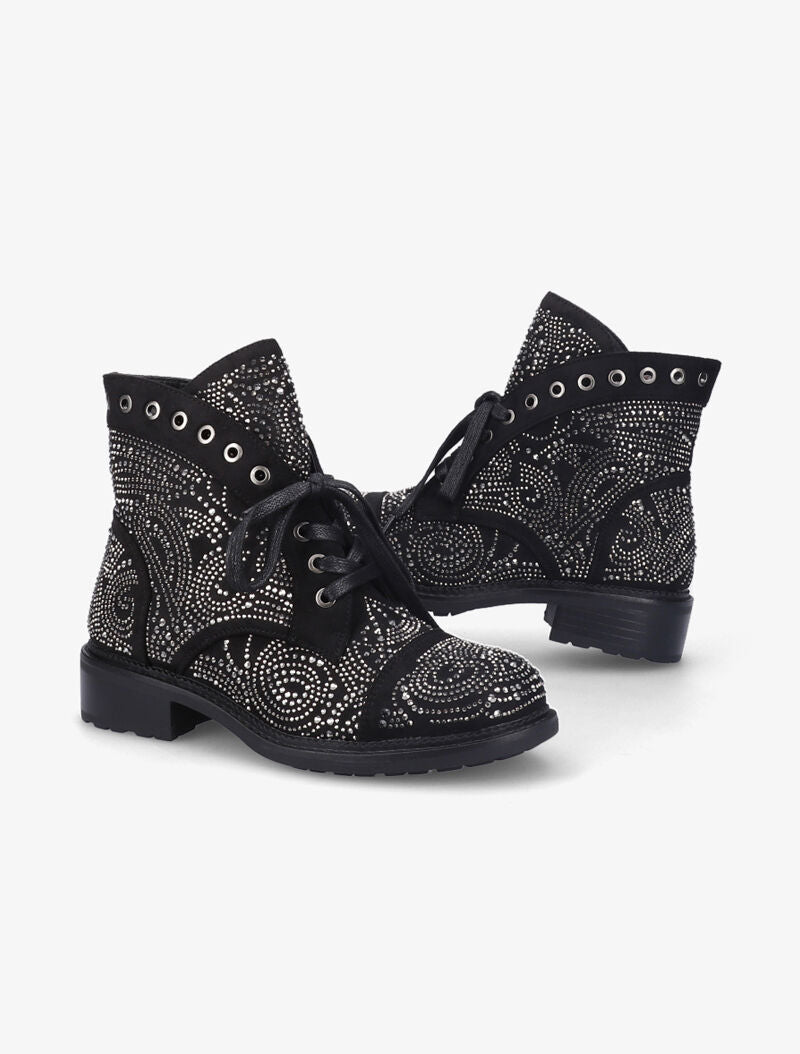 Bottines à lacets à strass - Noir - 1