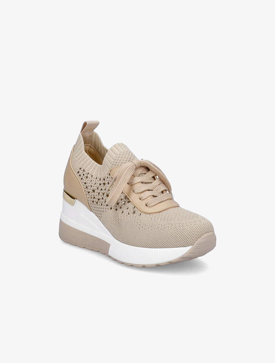 Baskets compensées à lacets et détail strass - Beige - 2