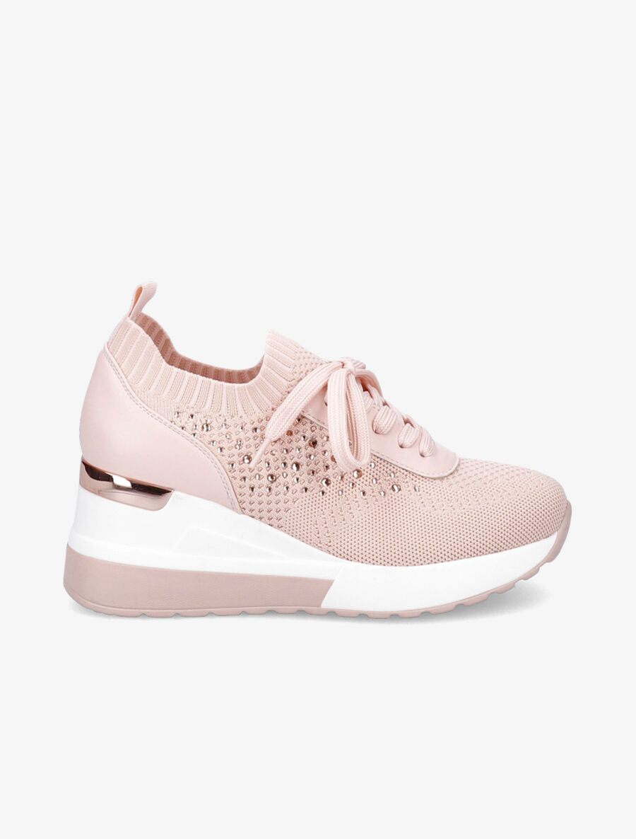 Baskets compensées à lacets et détail strass - Rose - 1