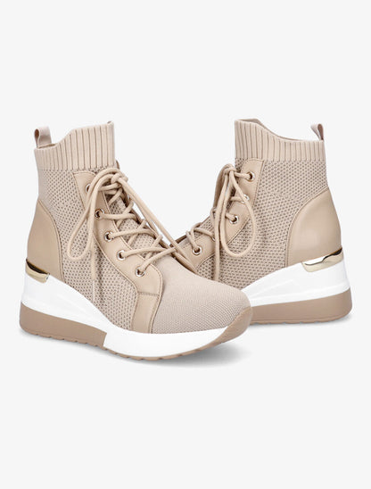 Baskets montantes compensées à lacets - Beige - 4