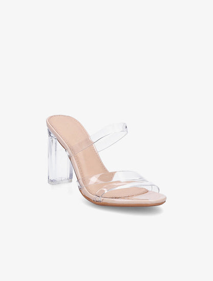 Mules à triple ganses et talons transparents - Beige - 2