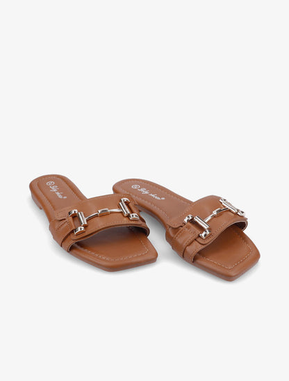 Mules stylisées à tige dorée - Camel - 4