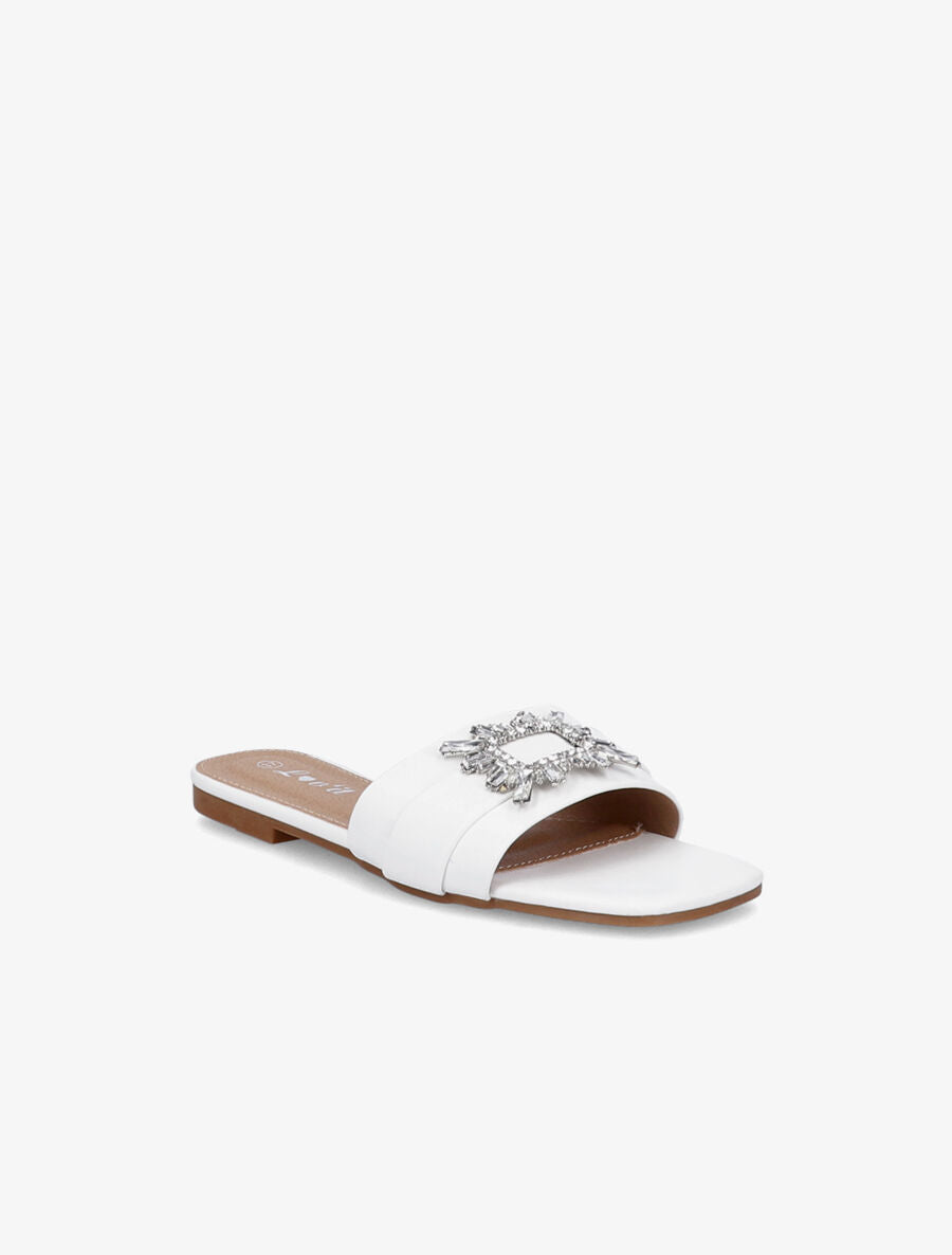 Mules plates à boucles bijoux et strass - Blanc - 2