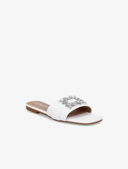 Mules plates à boucles bijoux et strass - Blanc - 2