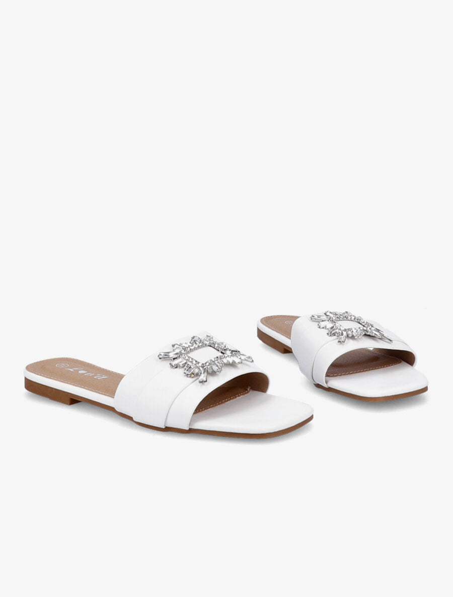 Mules plates à boucles bijoux et strass - Blanc - 4