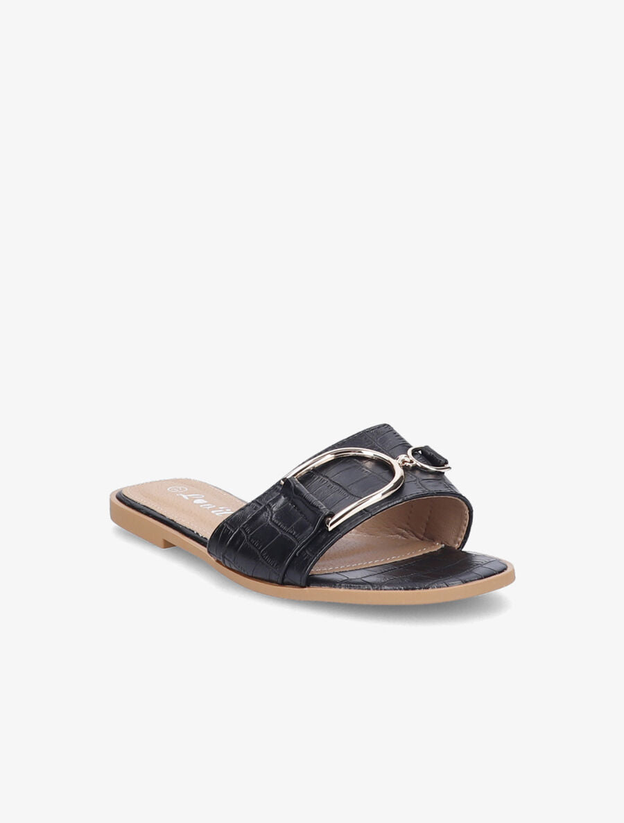 Mules plates effet croco à boucles dorées - Noir - 2