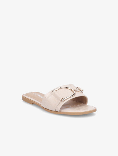 Mules plates effet croco à boucles dorées - Beige - 2