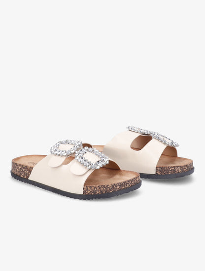 Mules double brides à boucles et strass - Beige - 4