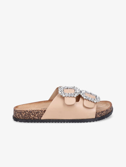 Mules double brides à boucles et strass - Camel - 1