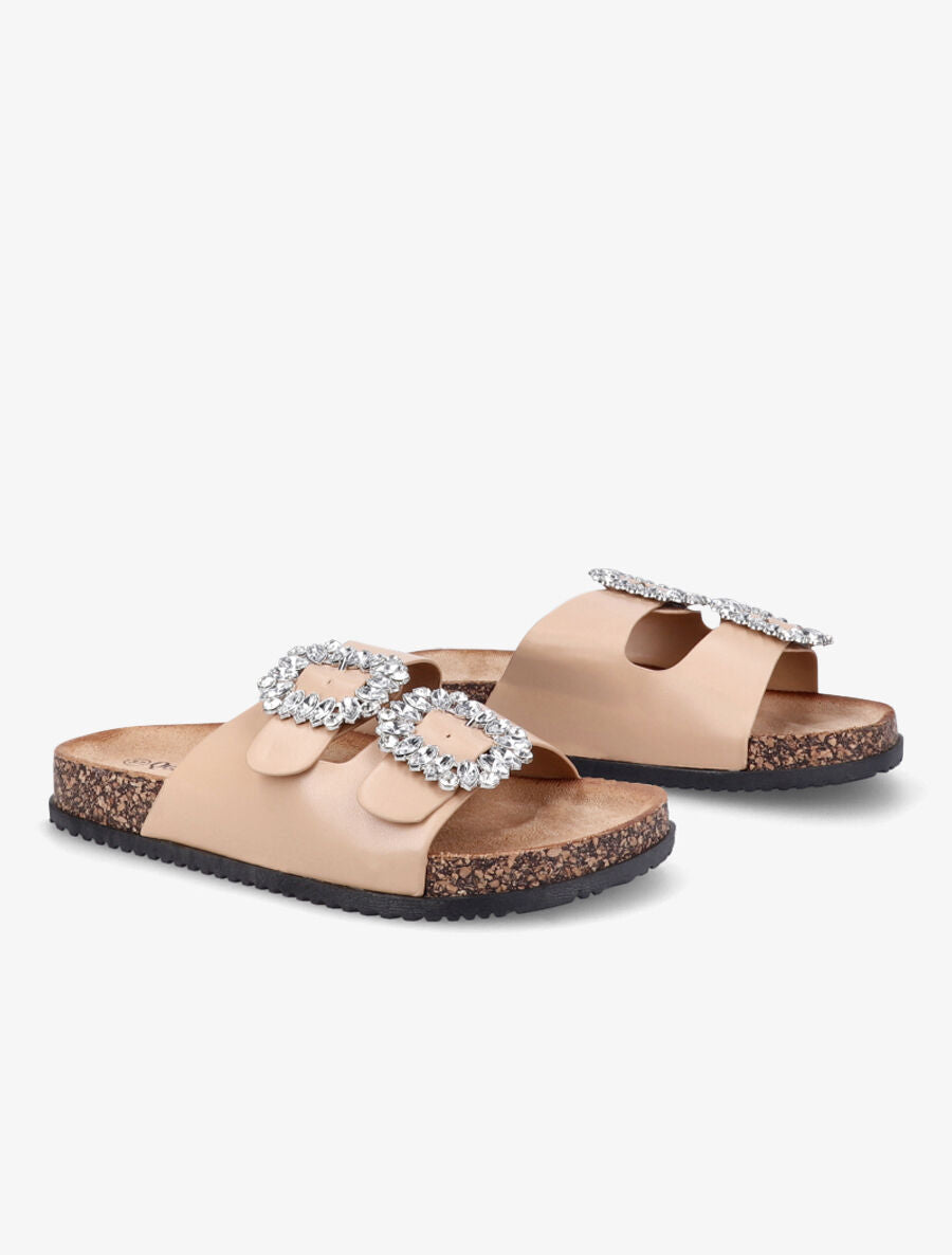 Mules double brides à boucles et strass - Camel - 4