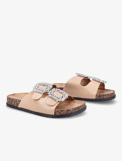 Mules double brides à boucles et strass - Camel - 4